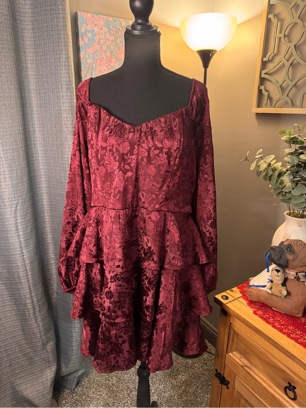 ARULA Burgundy Floral Jacquard Tiered Long-Sleeve Dress